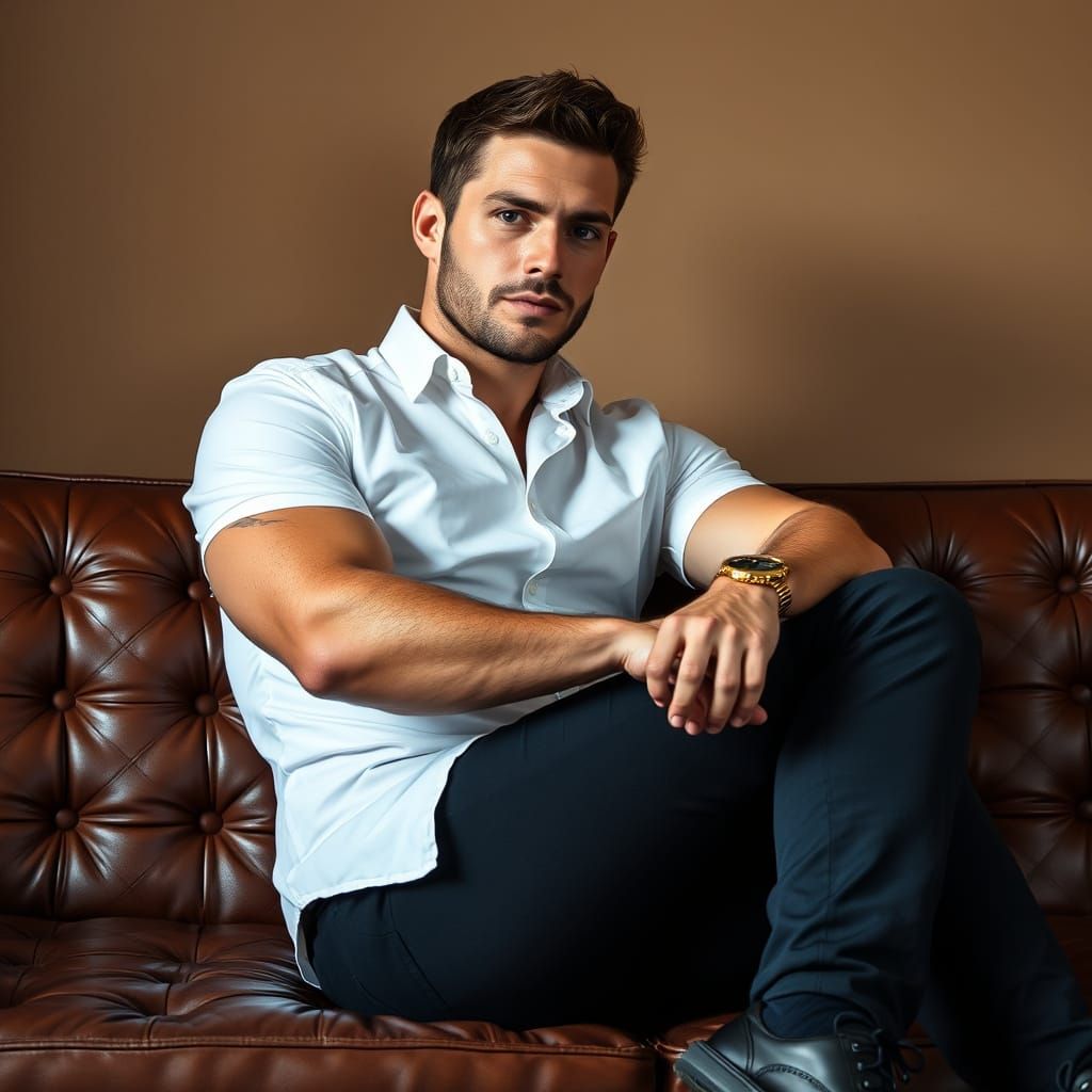 Confident Man on Leather Couch in Photorealistic Style