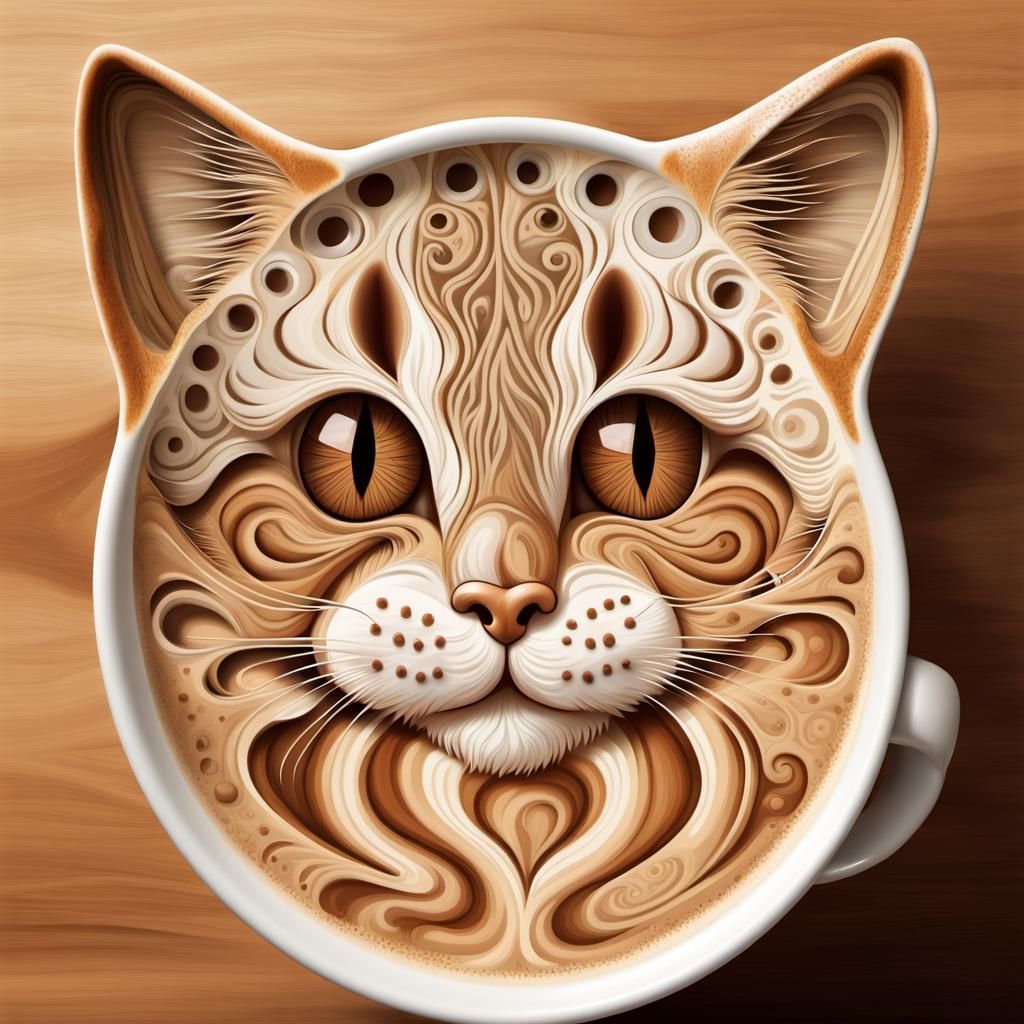 Tabby Cat Latte Art in Coffee Shop