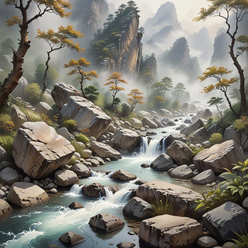 Serene Chinese Ink Wash Mountain Stream Scene