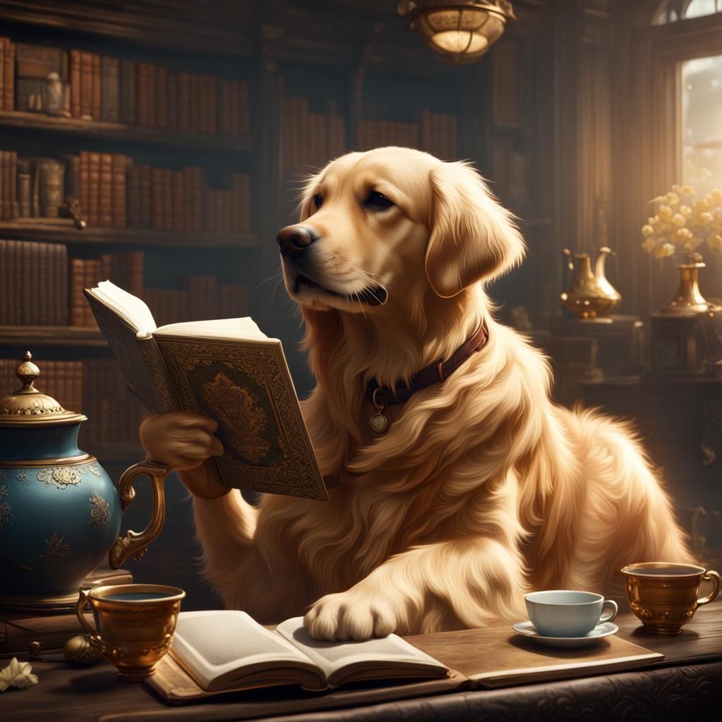 Golden Retriever's Literary Tea Party: Detailed Digital Art