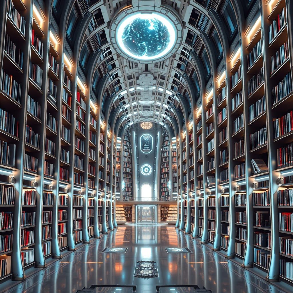Surreal Futuristic Library with Metallic Surfaces and Ethere...
