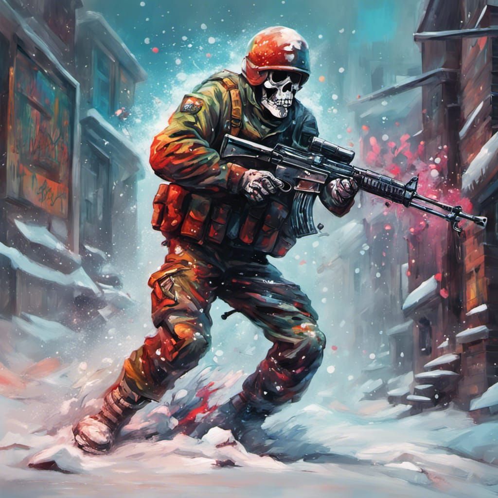 Skeletal Soldier in Winter Graffiti Art