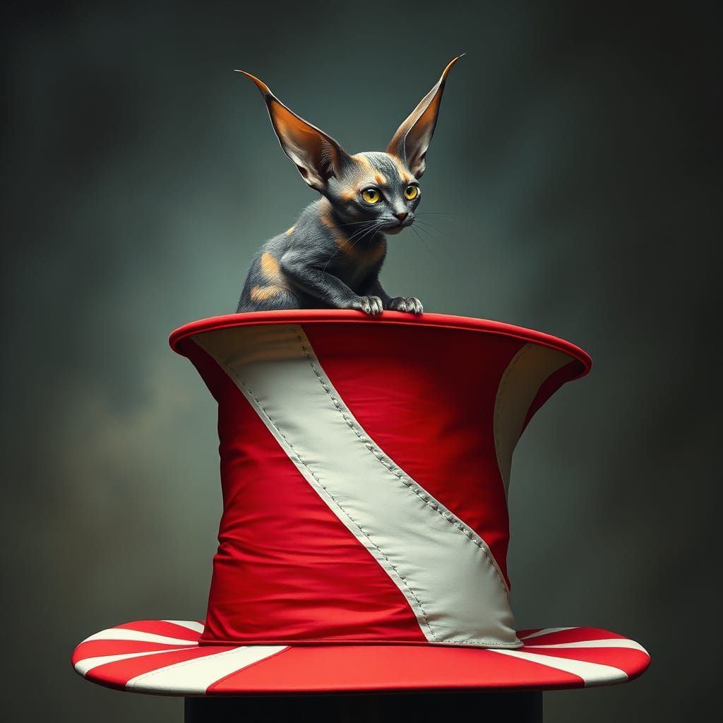 Whimsical Fantasy Creature Sits atop a Striped Top Hat