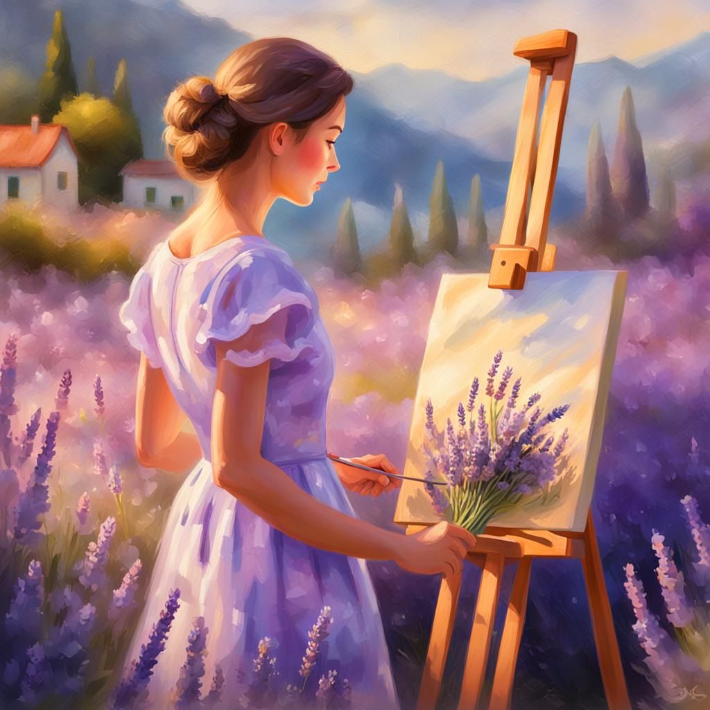 Woman Painting in Lavender Field: Realistic Matte Painting