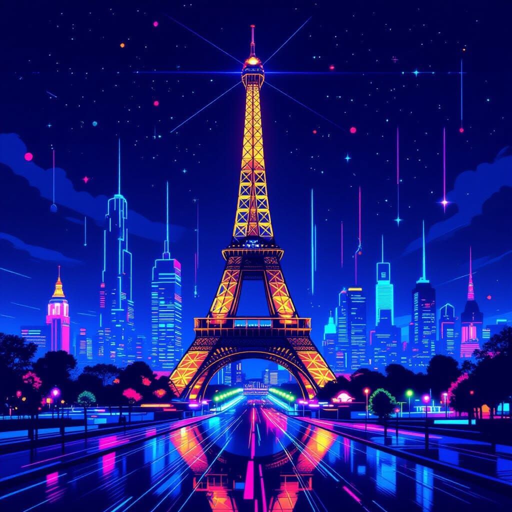 Holographic Neon Eiffel Tower in Futuristic Cyberpunk City
