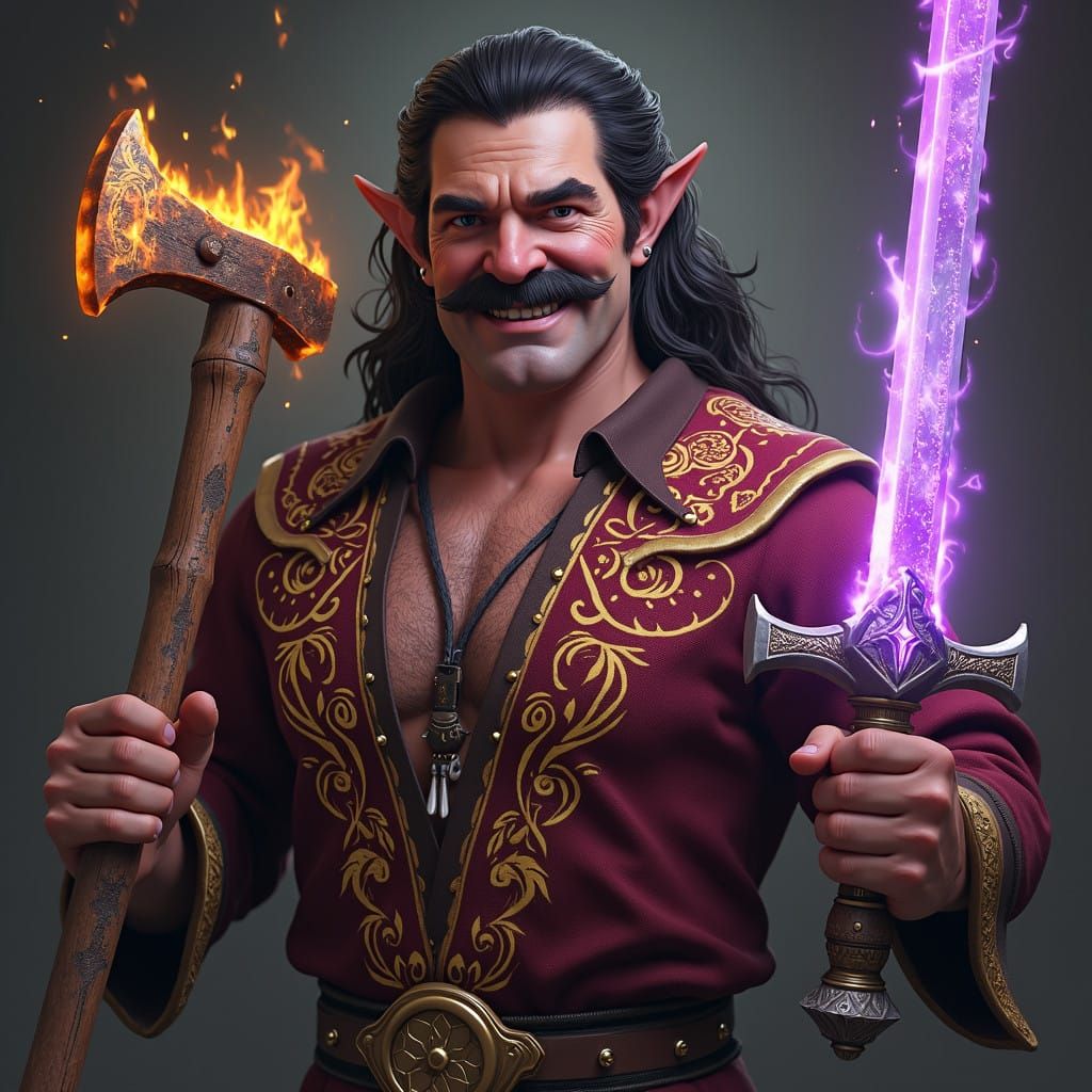 Half Elf Warrior with Flaming Axe and Sword in Deep V-Cut Sh...