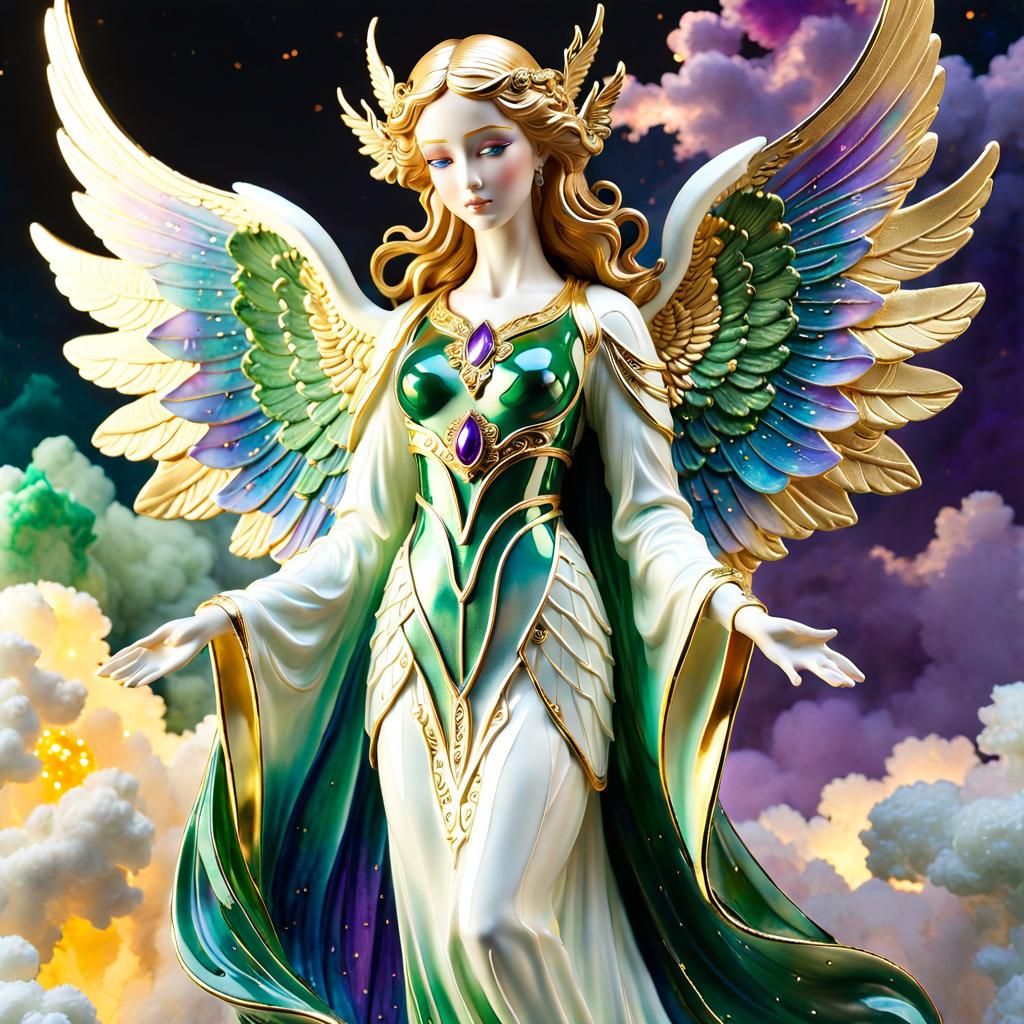 Ethereal Porcelain Angel with Iridescent Wings