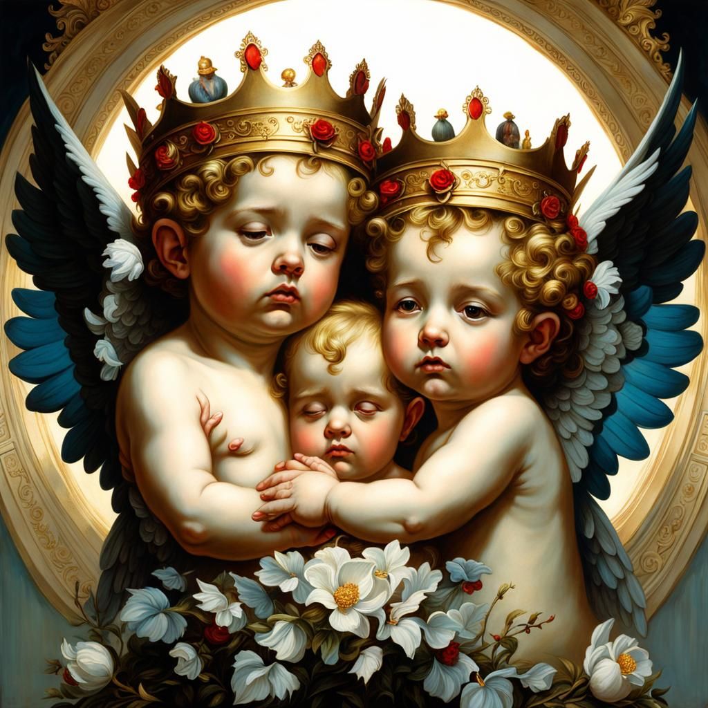 Sad Cherub Family Portrait in Hyperrealism Style