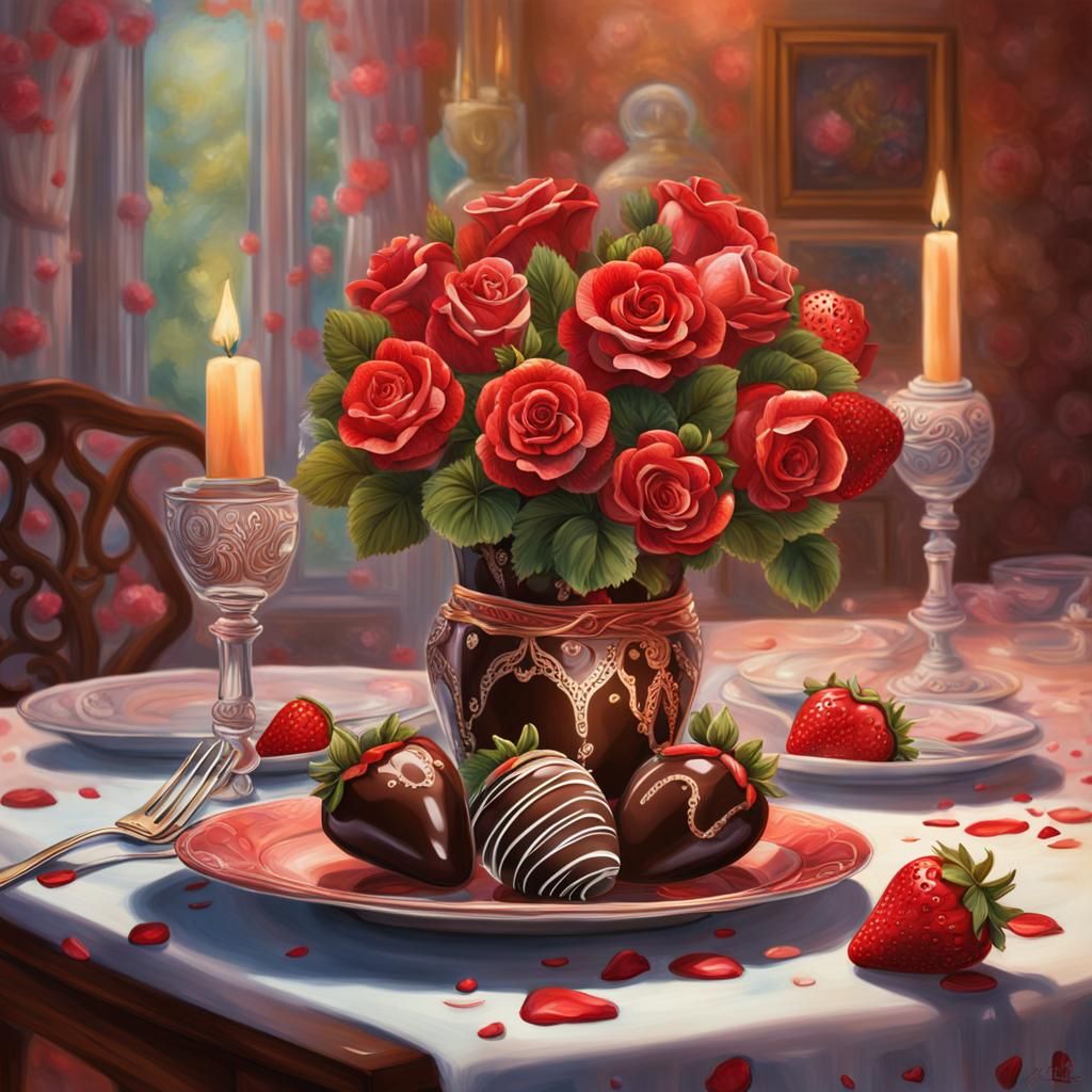 Romantic Table Setting with Roses and Strawberries