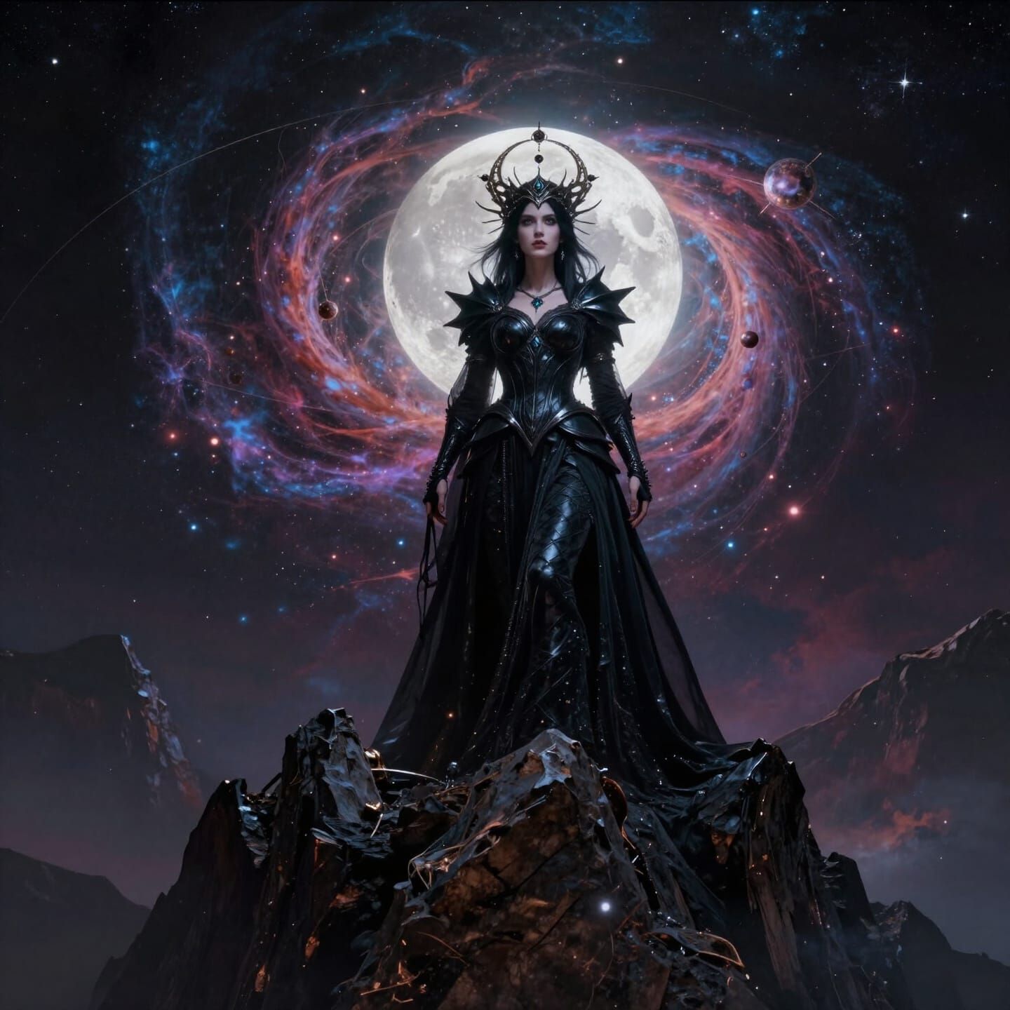 Sorceress Gazing at Nebula on Mountain Peak in Dark Fantasy ...