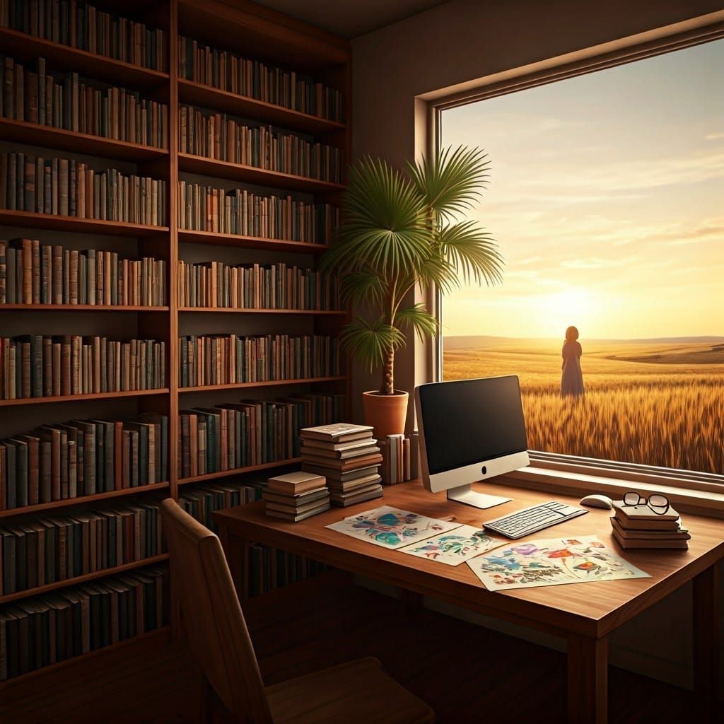 Warmly Lit Room with Desk and Bookshelf