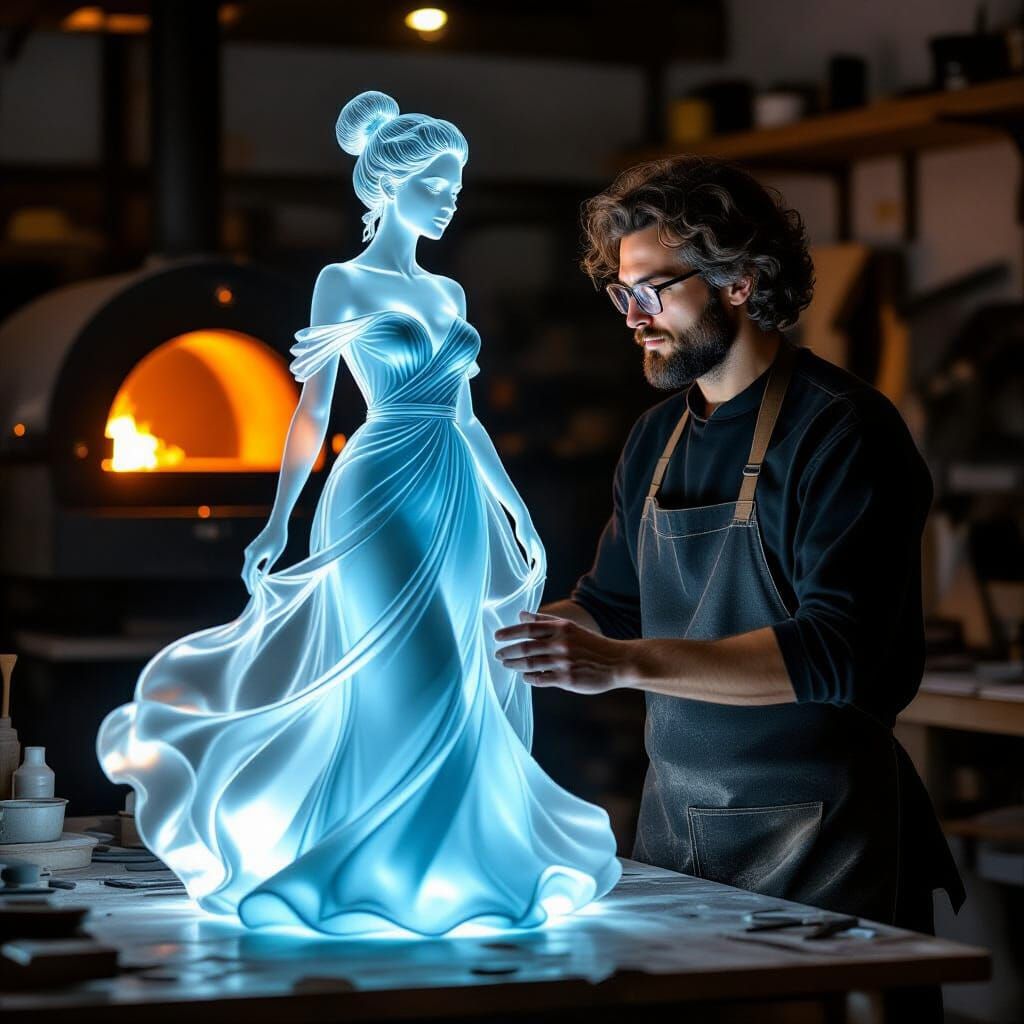 Glass Sculpture of Woman in Ethereal Blue Gown, Workshop Sce...