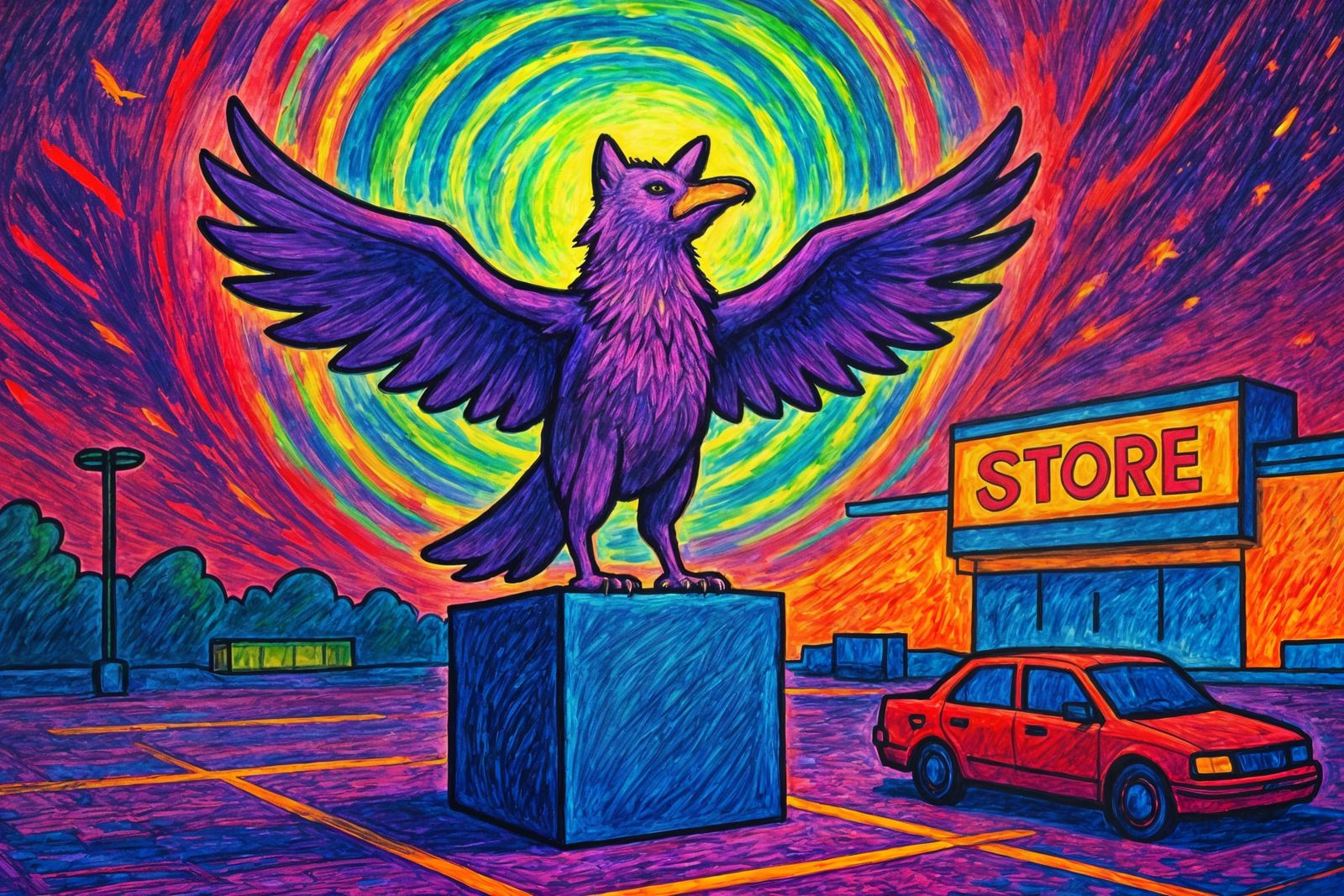 Majestic Wolf-Bird Perched in Parking Lot Scene