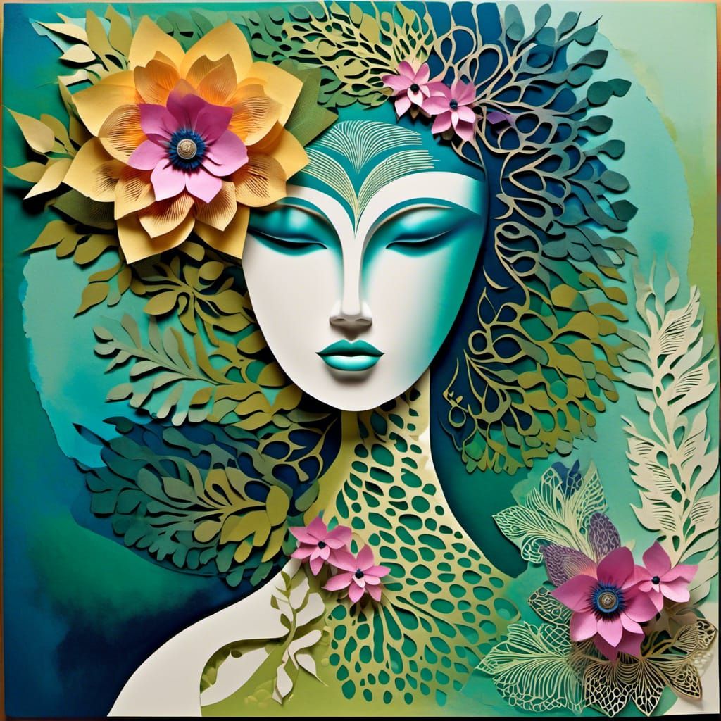 Surreal Cubist Face with Botanical Elements