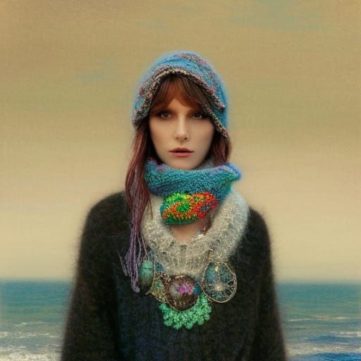 Dreaming Woman with Crochet Balaclava, Detailed Fantasy Art