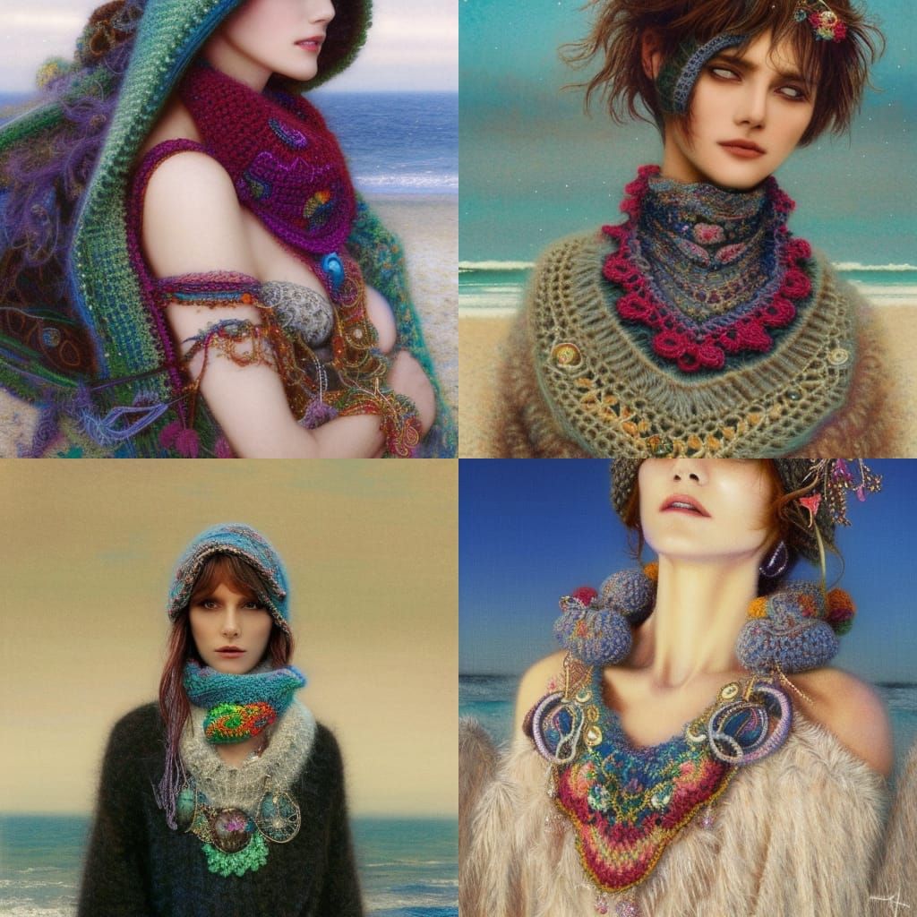 Dreaming Woman in Crochet Balaclava: Detailed Fantasy Art