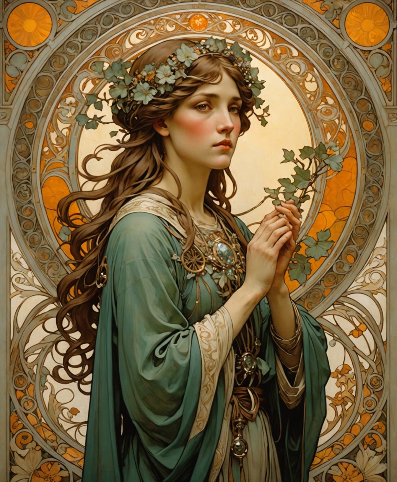 Mucha-Inspired Renaissance Painting with Volumetric Lighting