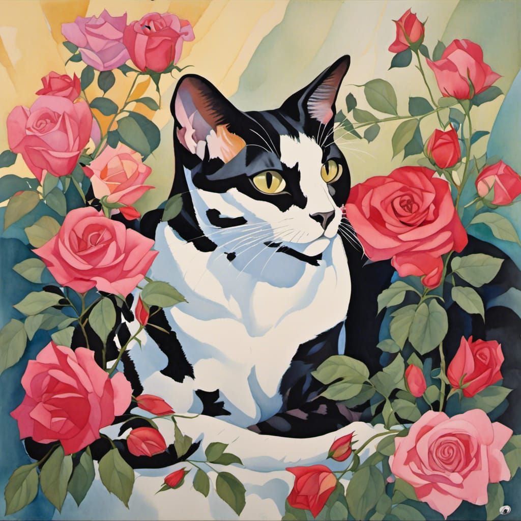 Oriental Cats and Roses in O'Keeffe Style