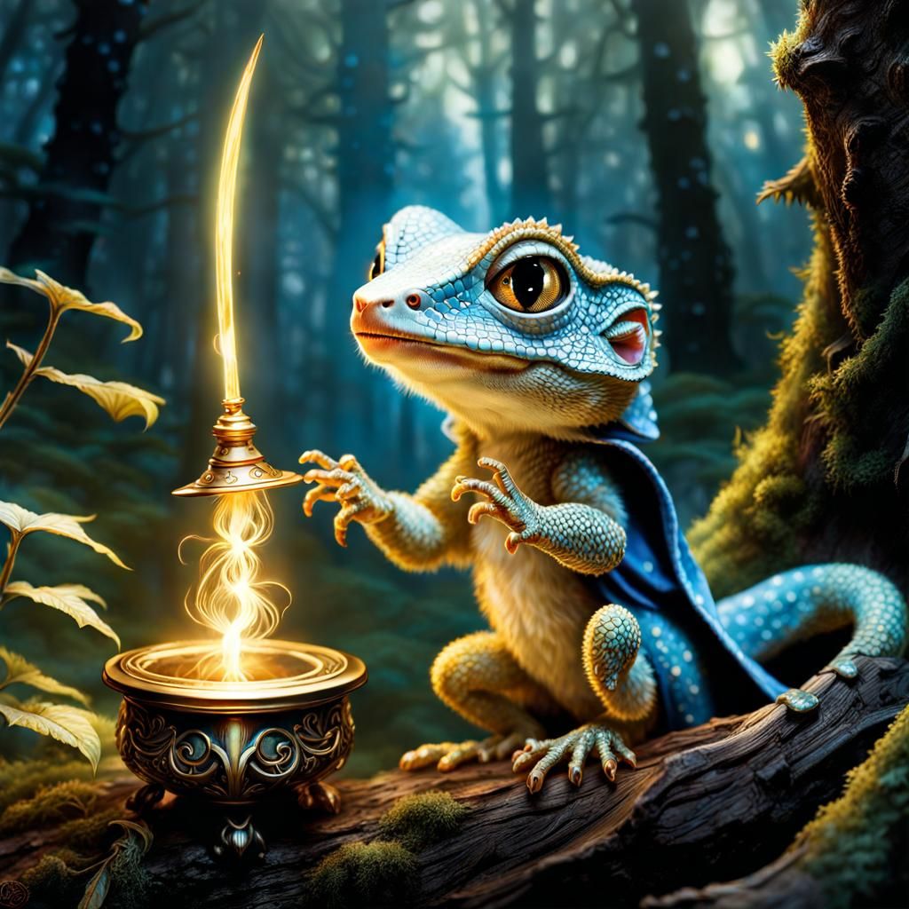 Enchanted Baby Gecko Wizard Casting a Spell