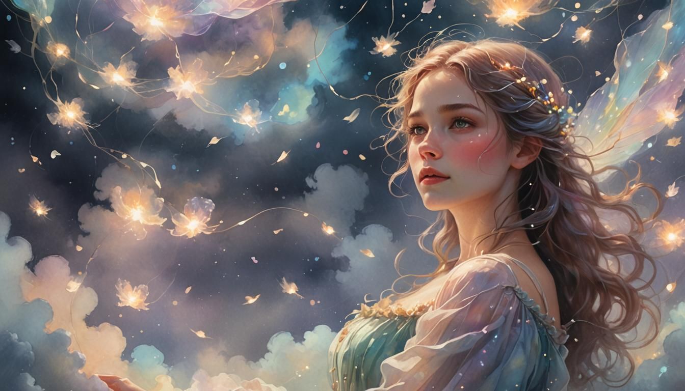 Ethereal Woman Floating in a Whimsical Watercolor Landscape