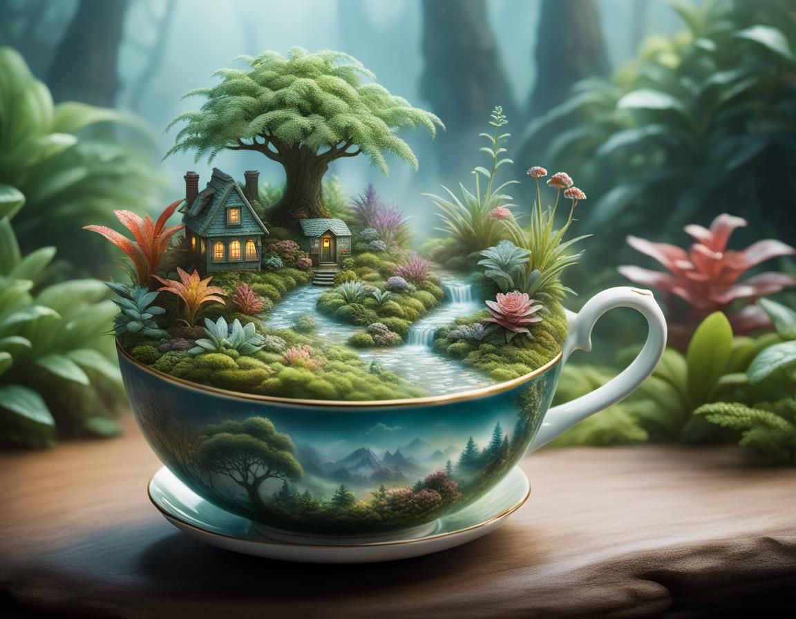 Miniature Ecosystem Thriving Atop a Teacup
