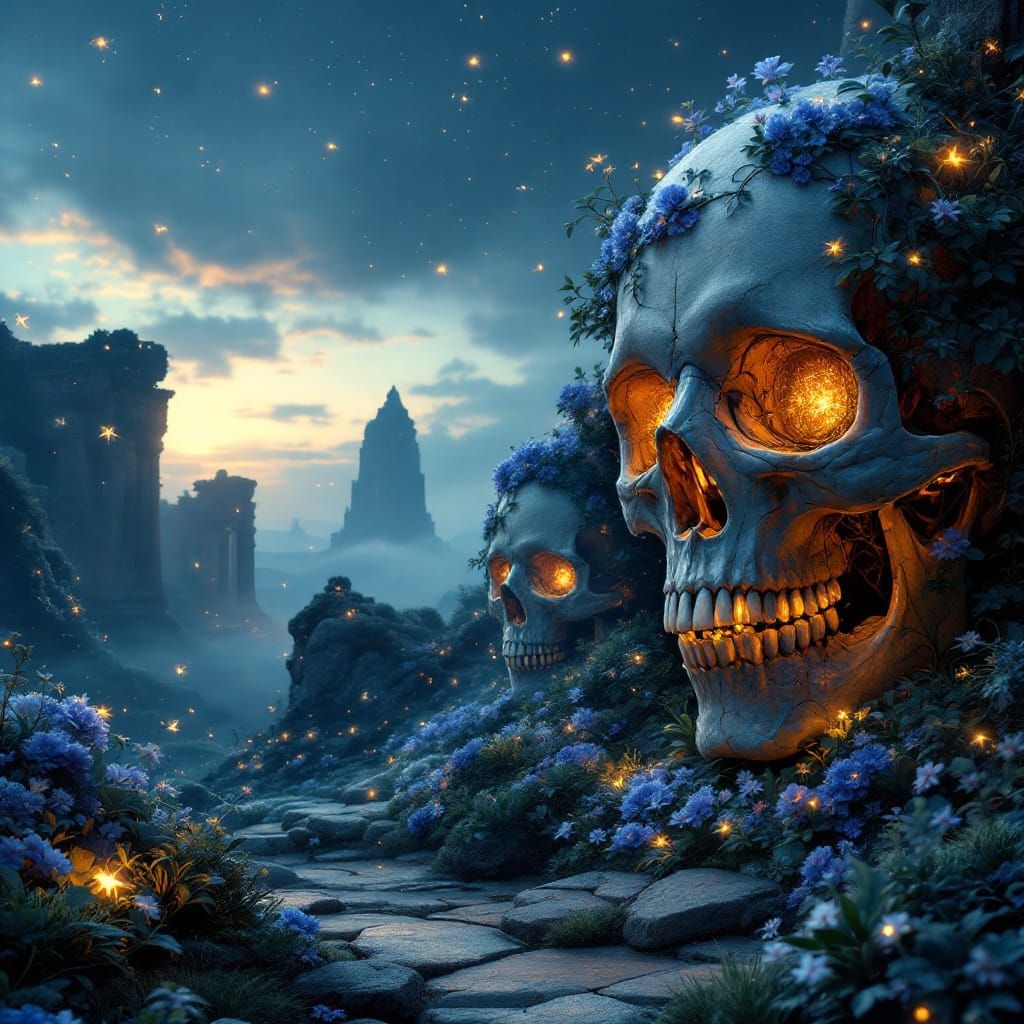 Twilight Landscape of Rebirth with Bioluminescent Flowers