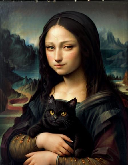 Cute Black Cat Cuddle: Mona Lisa Homage