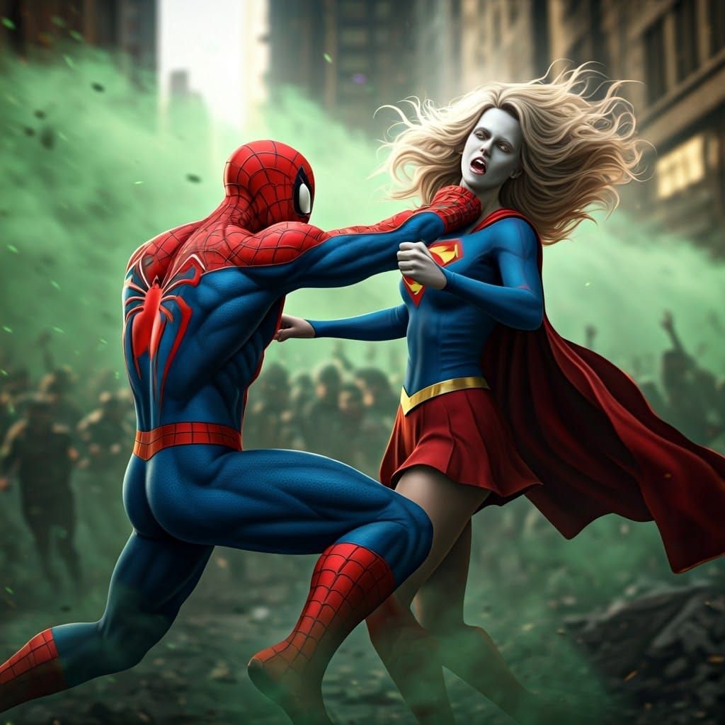 Zombie Spiderman Punches Supergirl: Hyperrealistic Digital A...