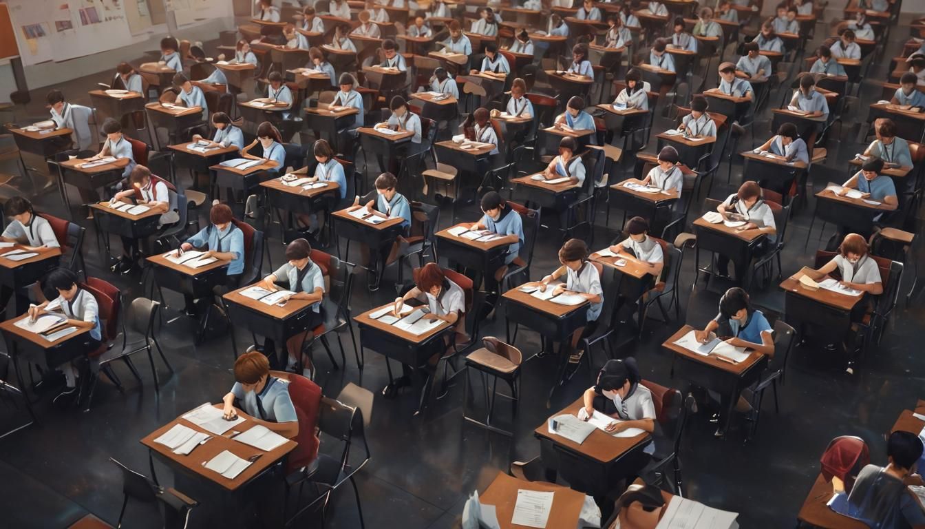 Anime Students in Examination Hall 3D Art