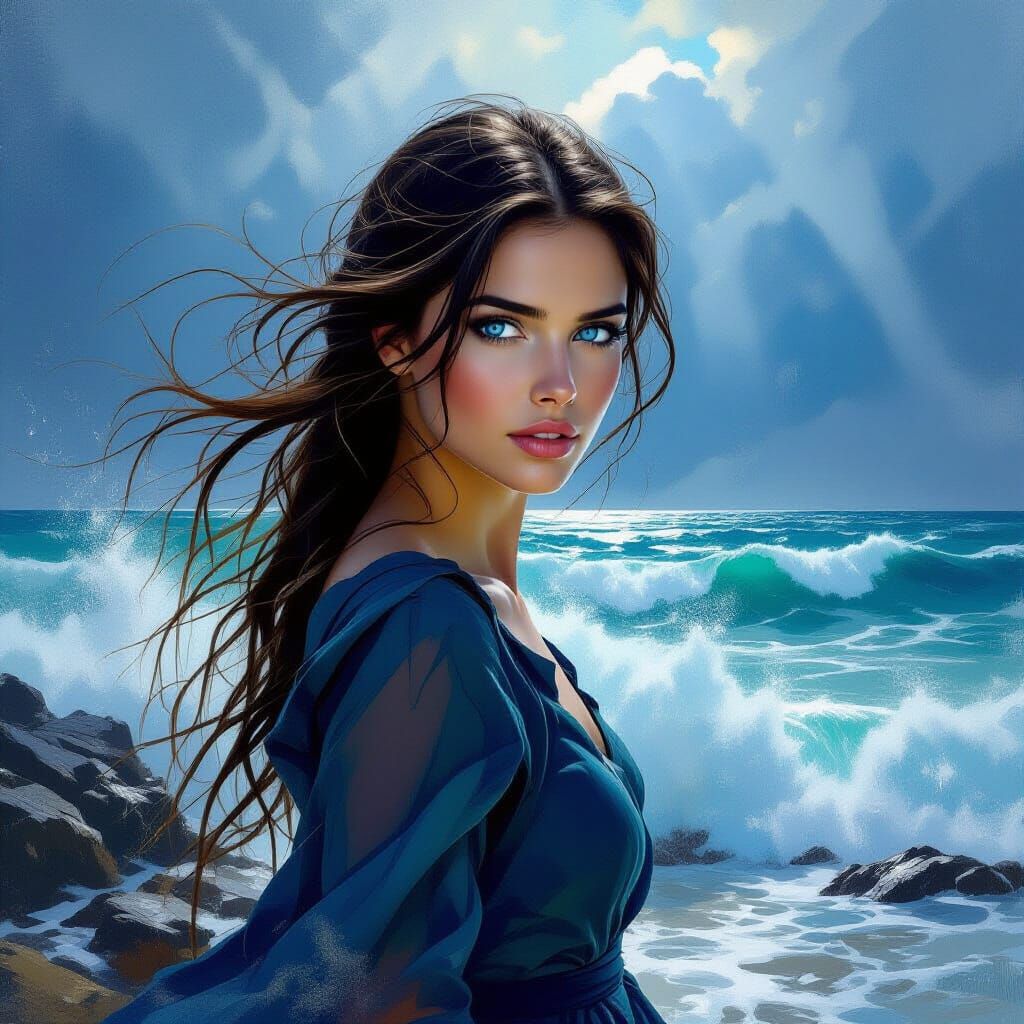 Woman Against Stormy Sea in Dramatic Painterly Style