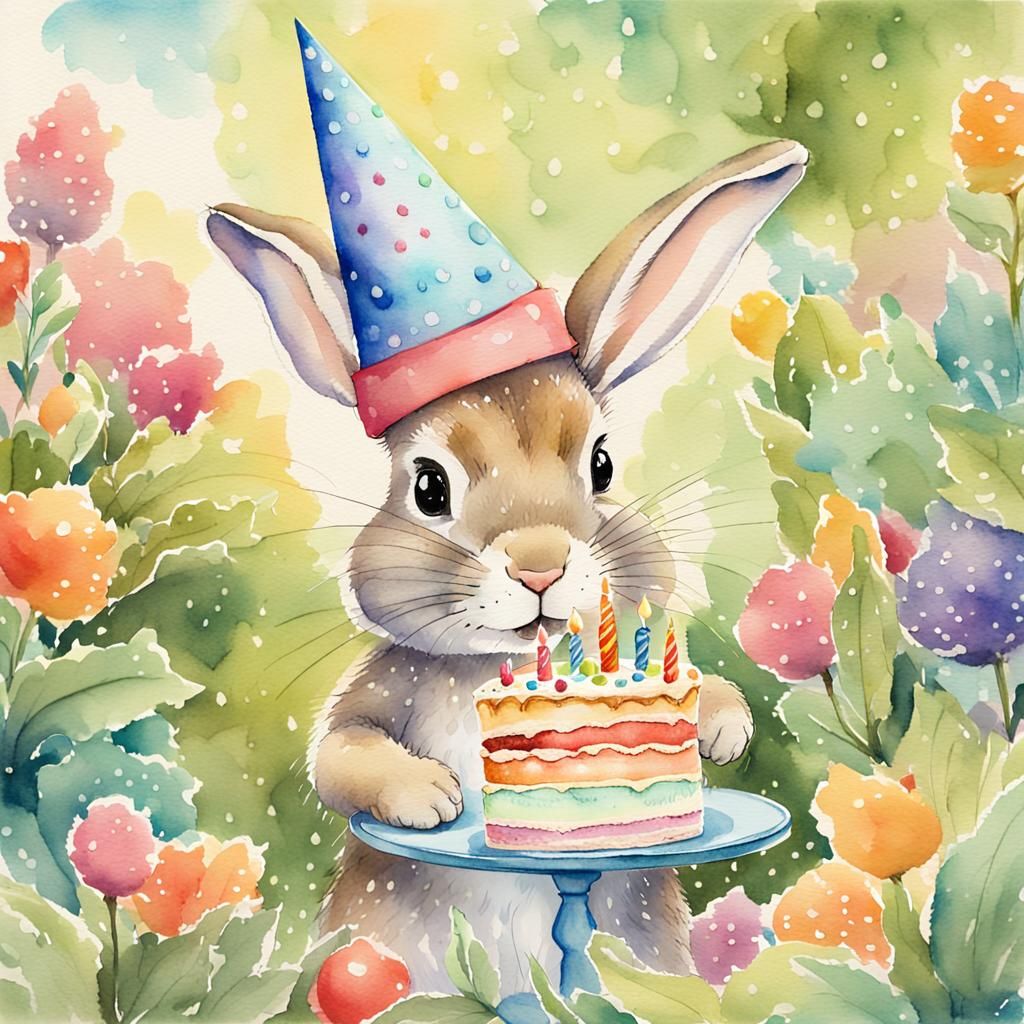 Whimsical Birthday Bunny in Watercolor Garden