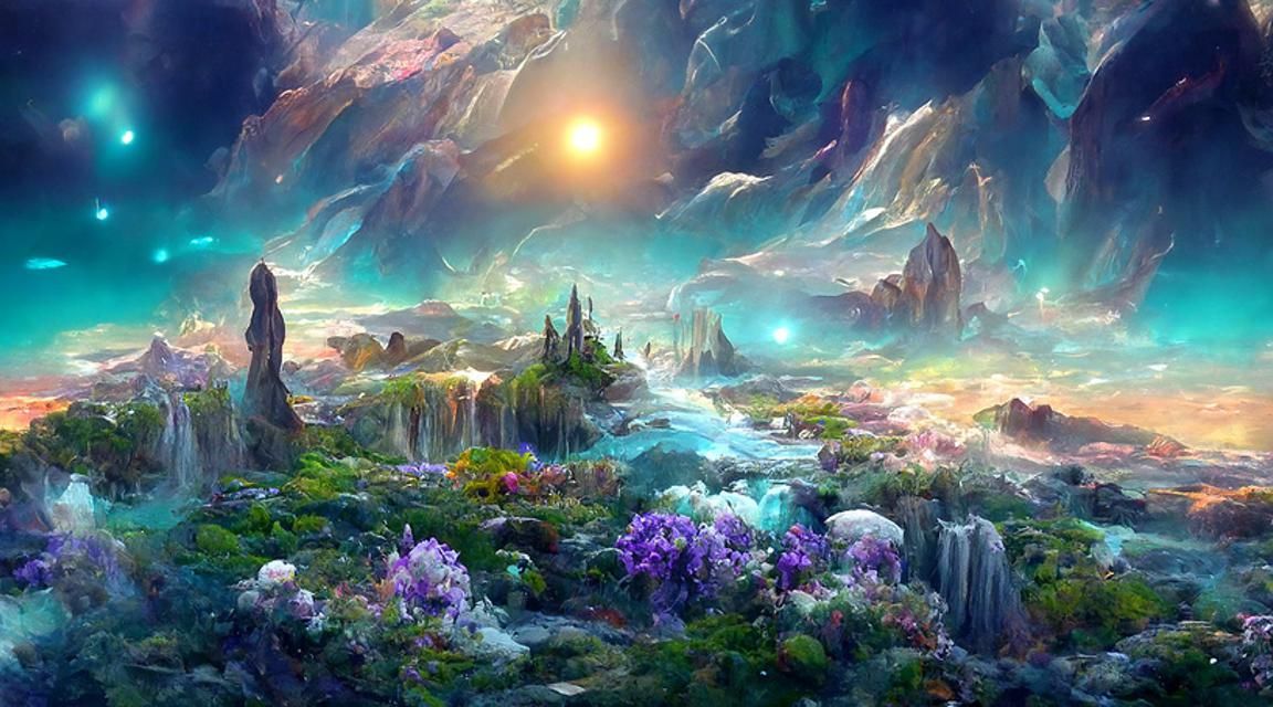 Iridescent Fantasy Landscape with Aurora Borealis Lights