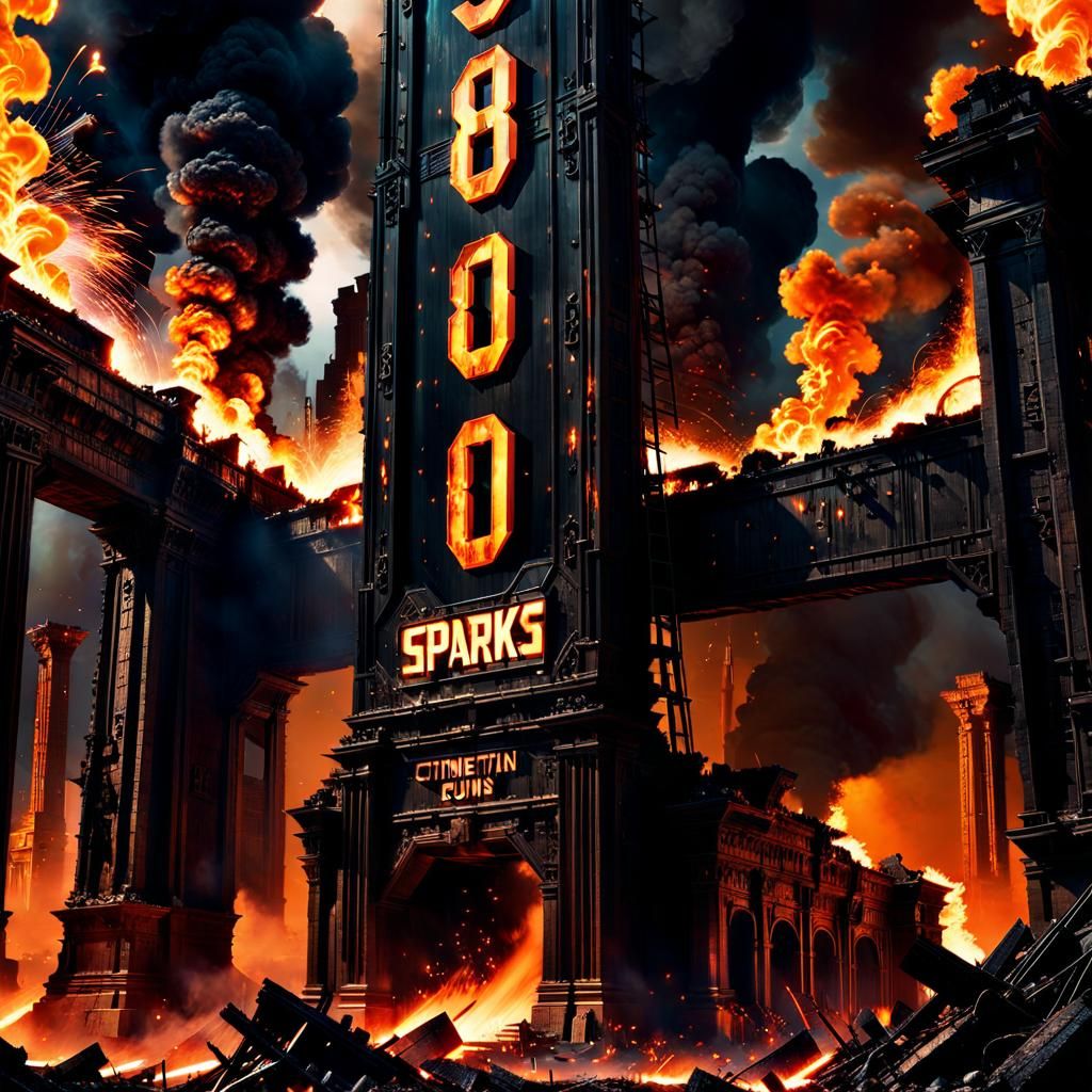 Dystopian Sci-Fi Ruins with Metallic Sign