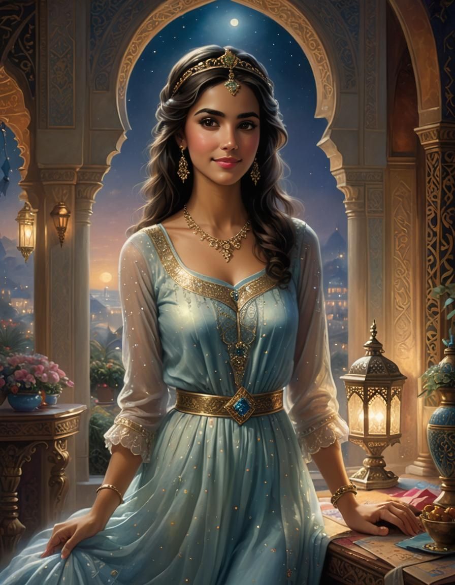 A beautiful Arab princess in Her room in a palace at night, ...
