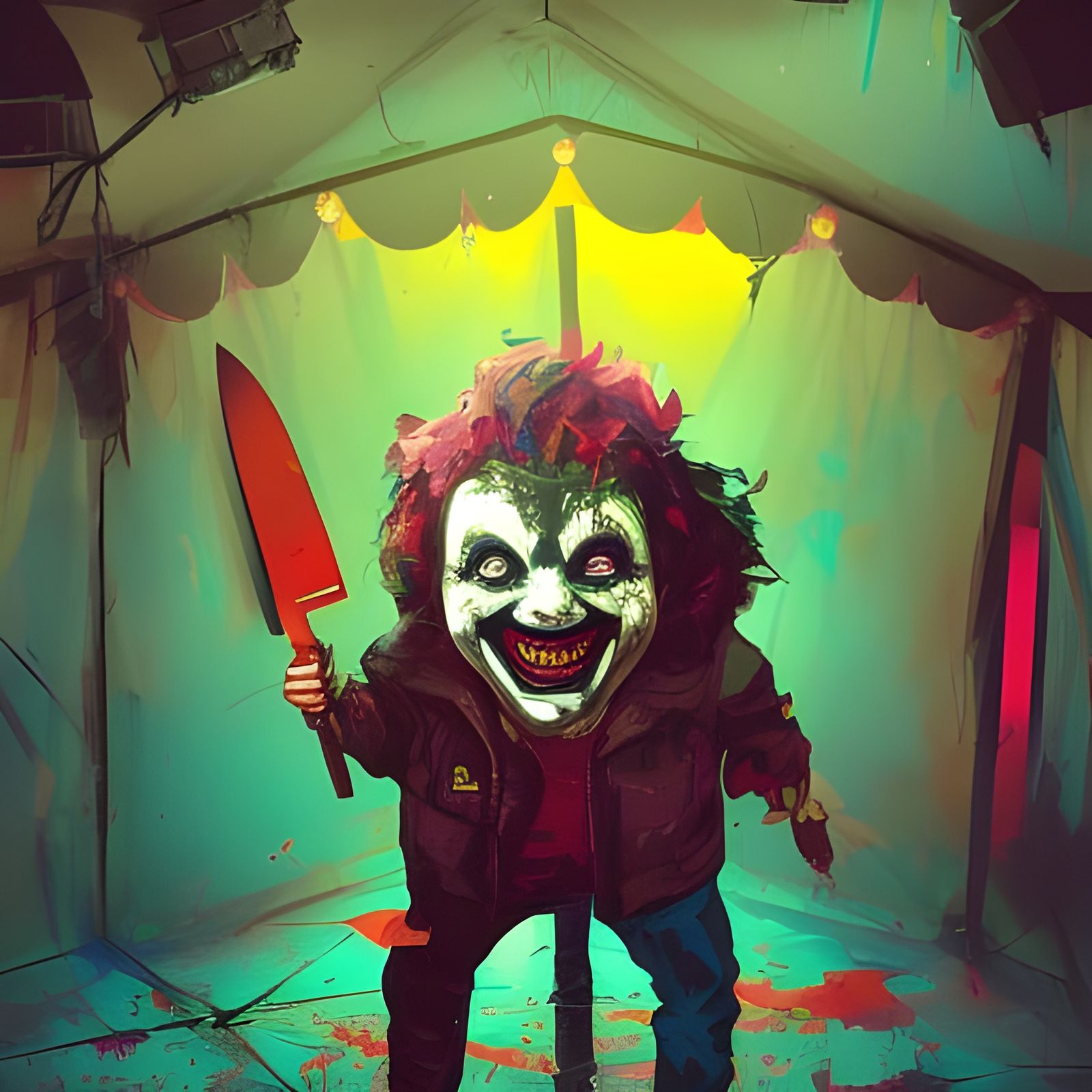 Scary Clown with Knife in Abandoned Tent