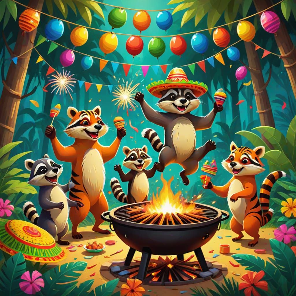 Jungle Fiesta with Forest Animals in Folk Art Style