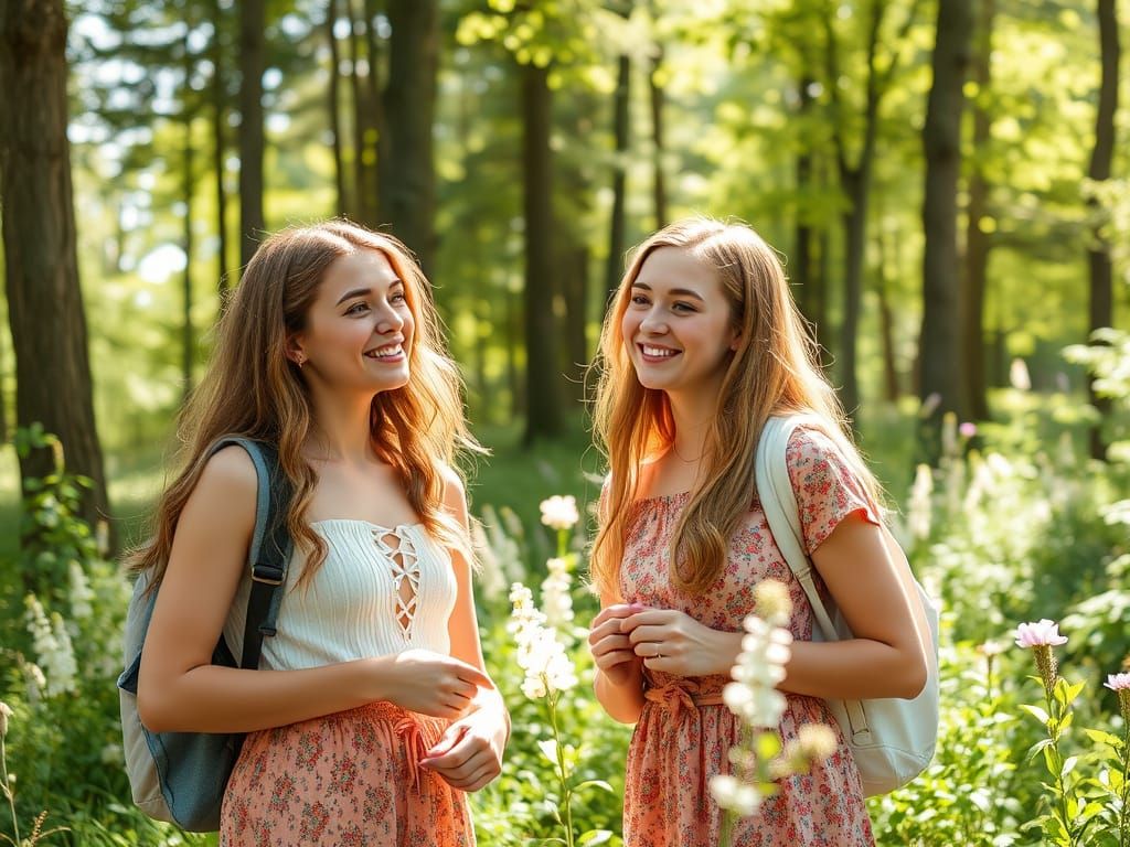 College Girls in Sunny Woods