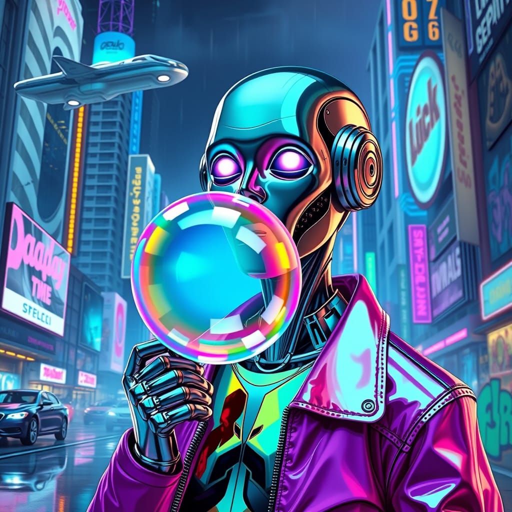 Android in Futuristic Bubblegum Scene