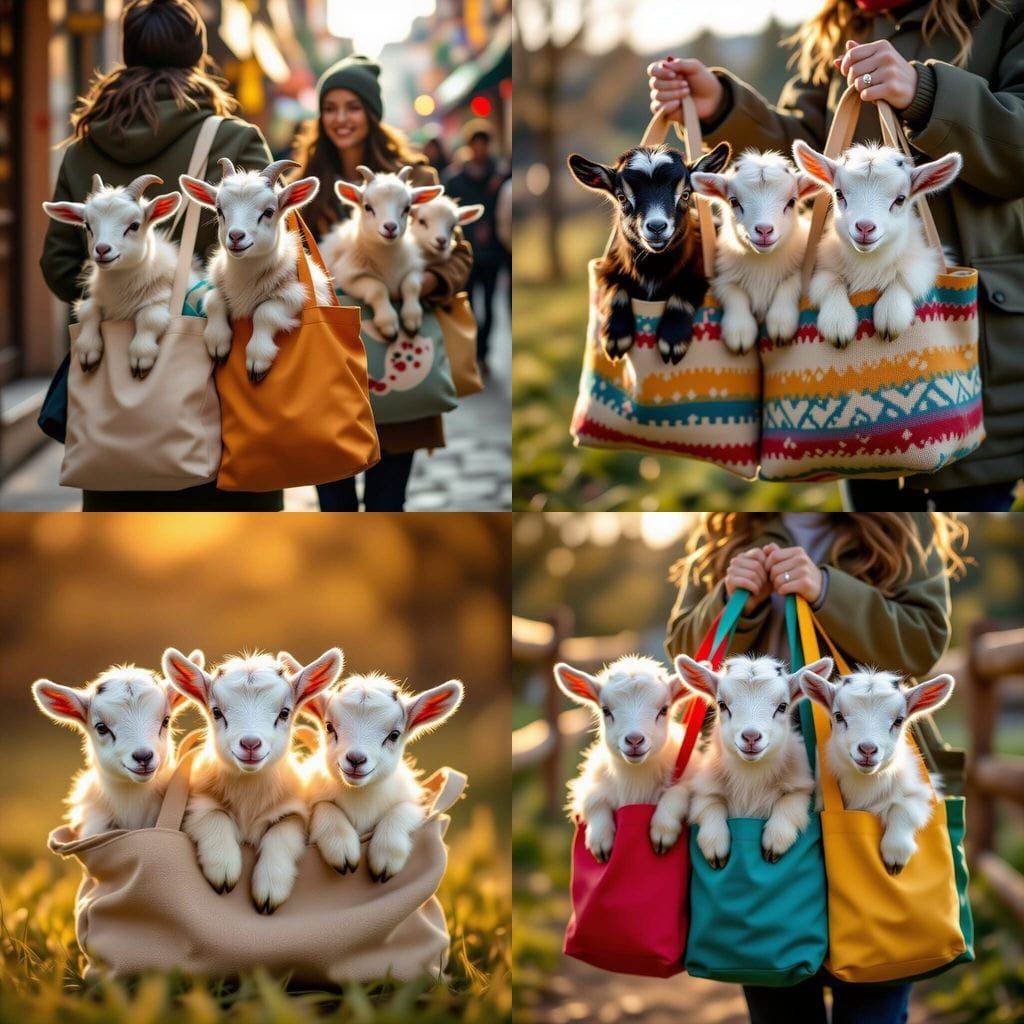 Adorable Goats in Tote Bags: Cinematic Film Still