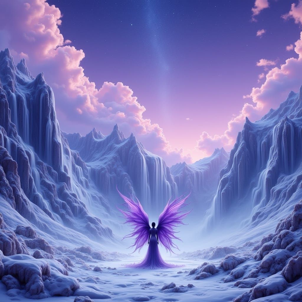 Fantasy Snowscape with Winged Figure in Vivid Purple