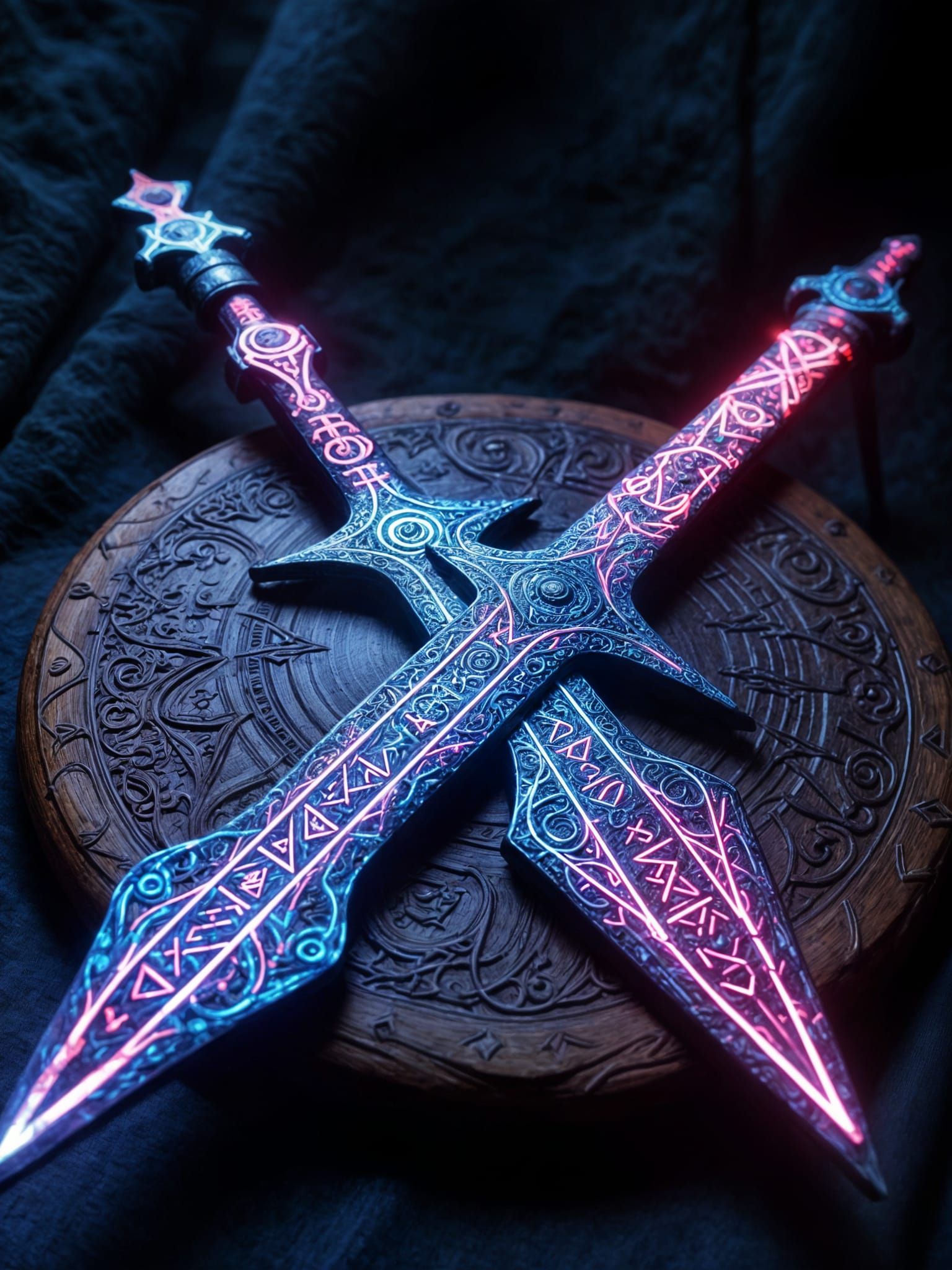 Glowing Magical Rune Scimitar in Cyberpunk Spectrum