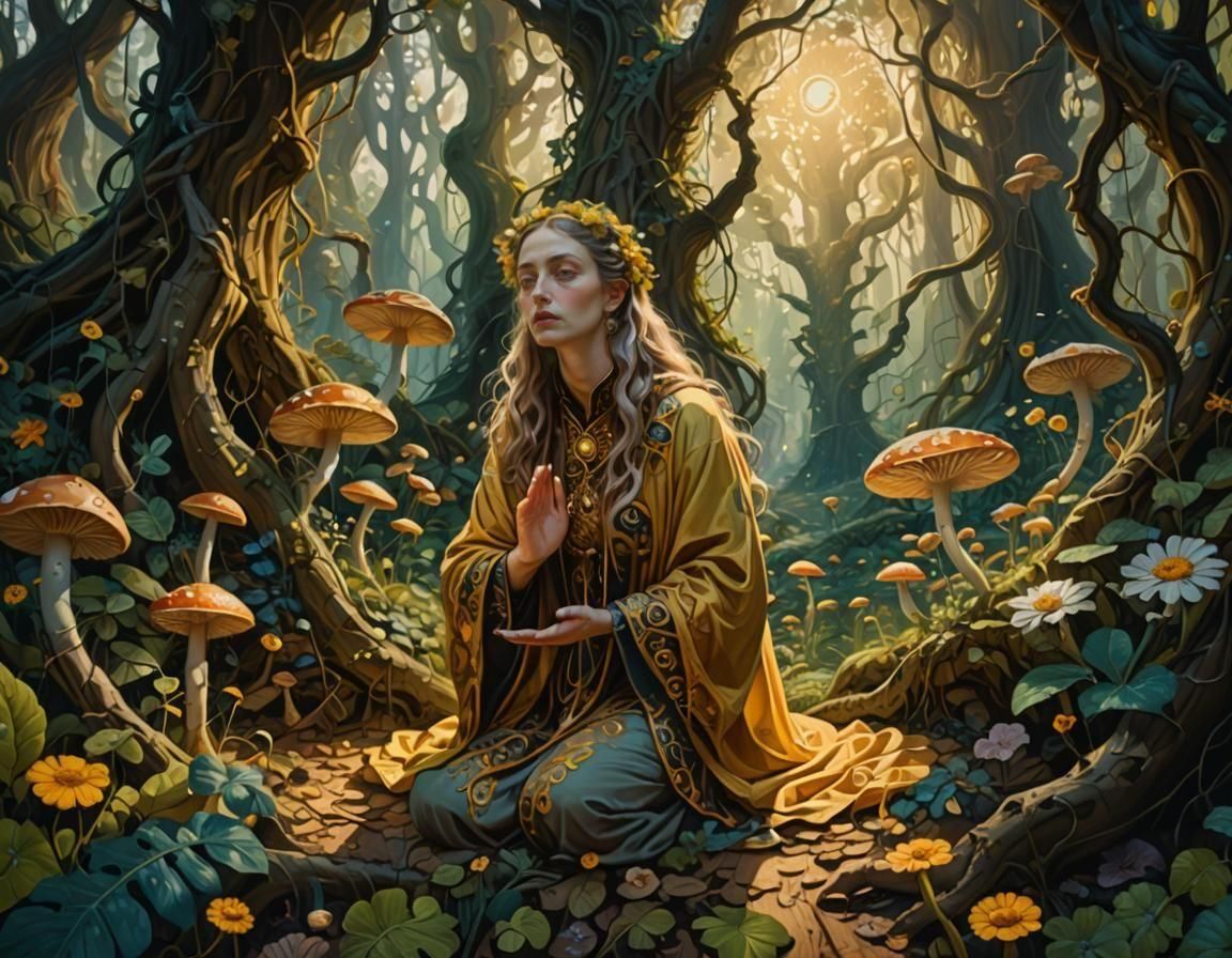 Surreal Forest Landscape with Praying Woman
