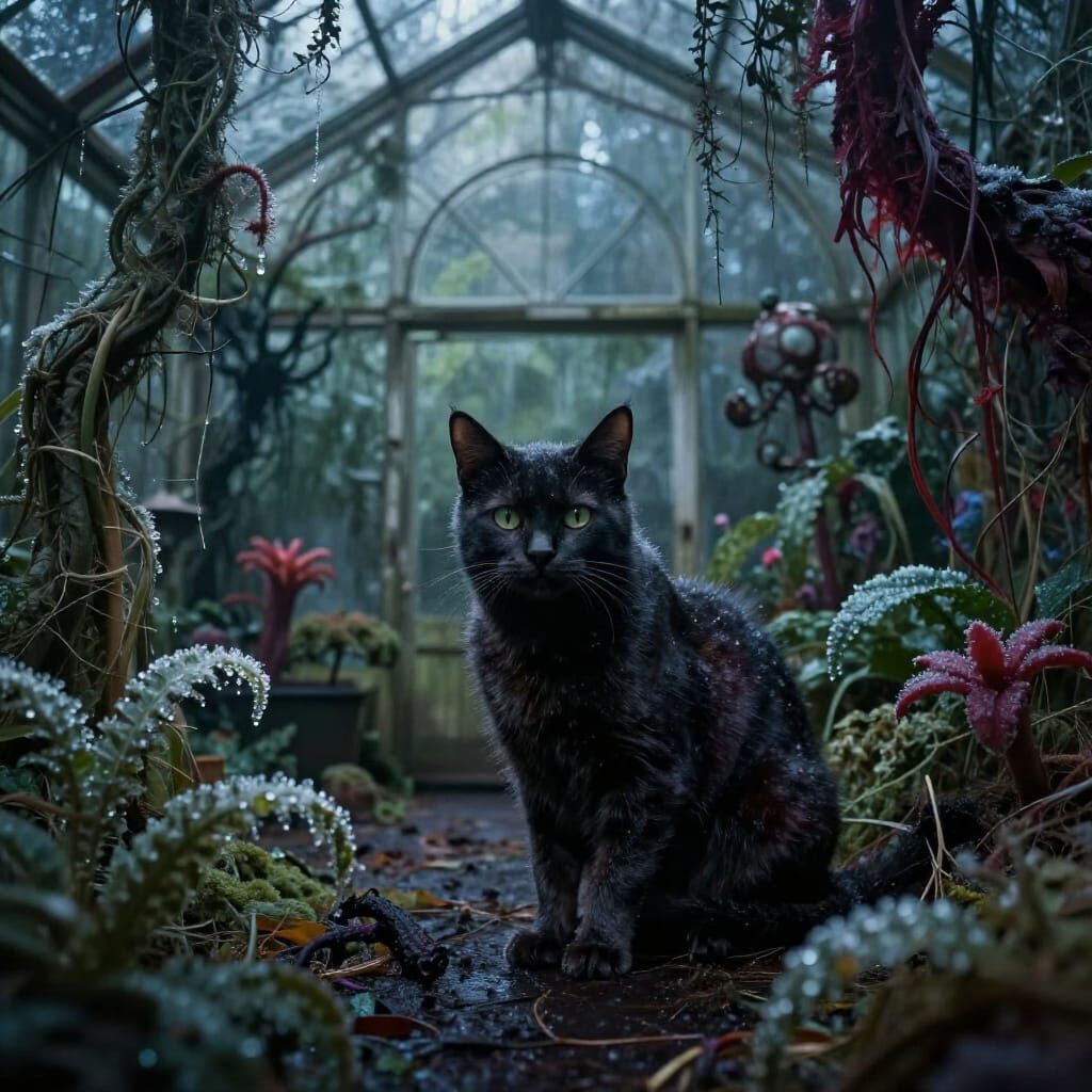Horrorpunk Cat in Eerie Greenhouse