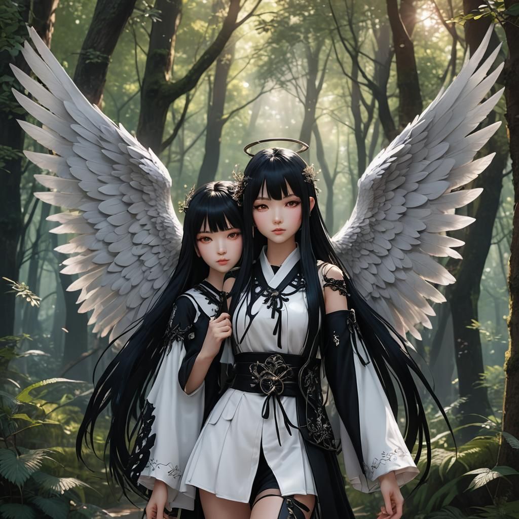 Anime Girl with Angel Wings in Magical Forest