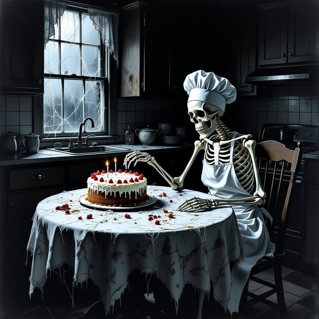 Haunted Kitchen with Skeleton and Cobweb Cake