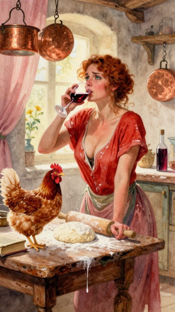 Sargent Watercolor of Confused Woman in Medieval Kitchen