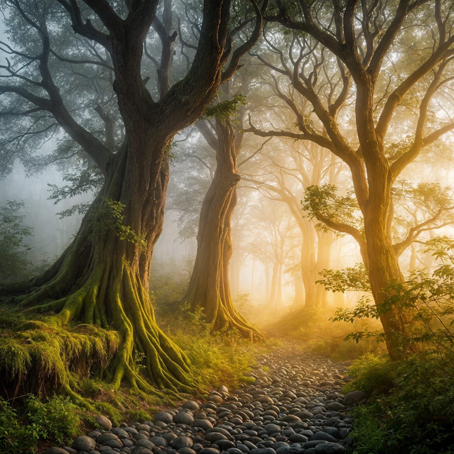 Ethereal Misty Forest at Dawn with Golden Light