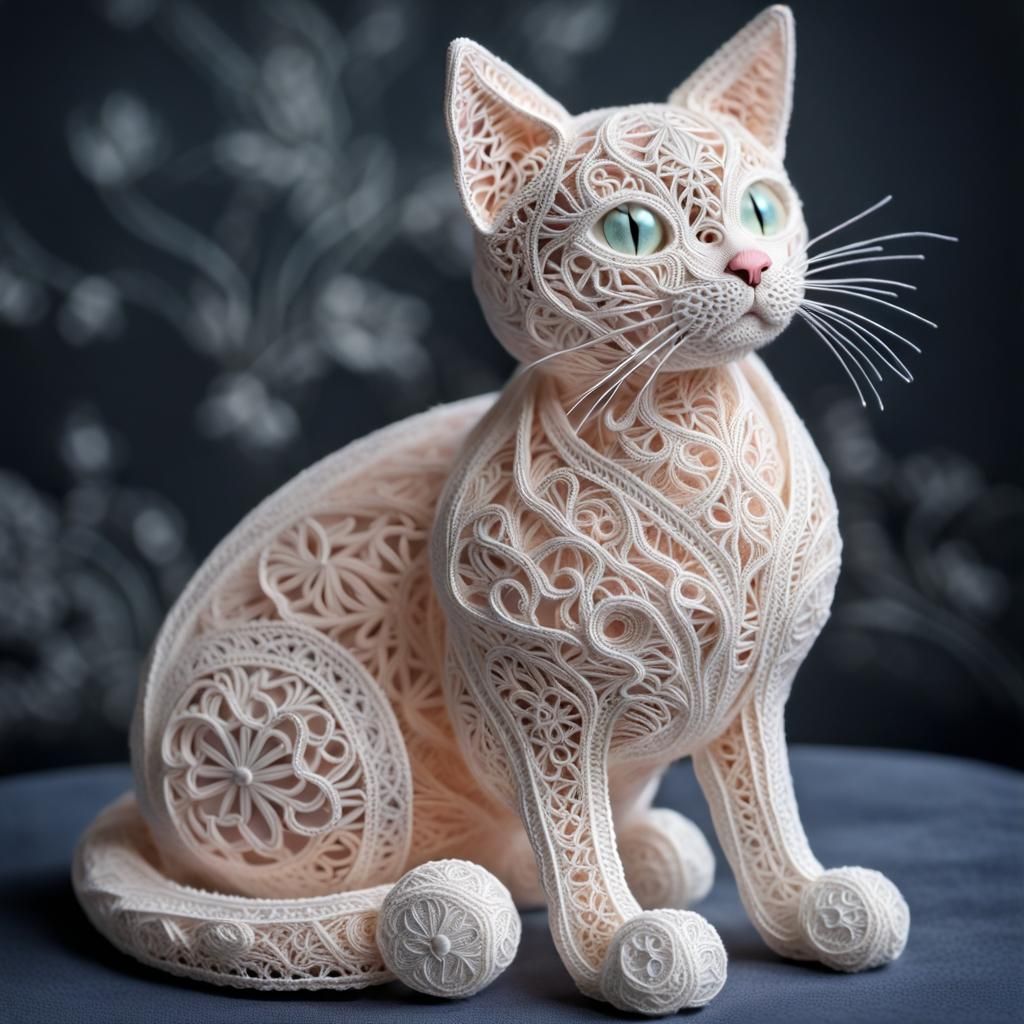 Lace Cat Sculpture: Intricate Battenberg Art