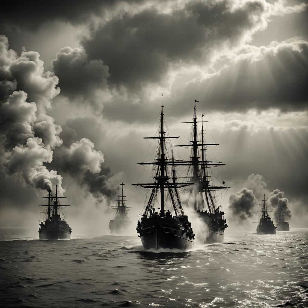 German Navy Battleships Advance, 1914: Monochrome Photograph...