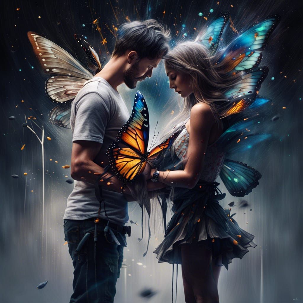 Romantic Couple Embracing Amidst Butterflies